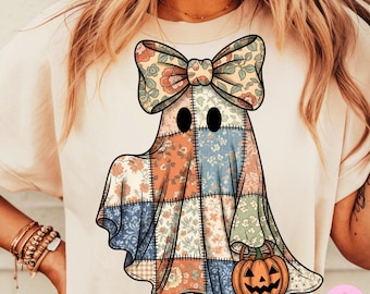 Patchwork blommig spöke png, mysig Halloween-rosett spöke sublimering, vintage quilt pumpa clipart, retro höst läskig söt design, digital png