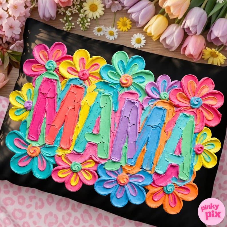 May include: Black decorative pillow with the word "MAMA" in colorful, textured paint, surrounded by bright, multi-colored flowers. The pillow is a square shape, and the flowers are in shades of pink, yellow, blue, and orange.