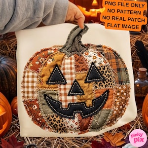 May include: A digital graphic of a pumpkin made from various fabric patches in orange, brown, and cream tones with floral, plaid, and leopard prints. The pumpkin features black felt-like eyes, nose, and mouth. Text reads: PNG FILE ONLY NO PATTERN NO REAL PATCH FLAT IMAGE.