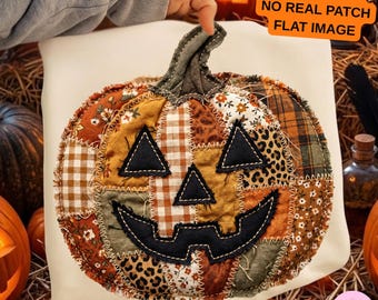 Höstblommig pumpa PNG: Leopardmönster med faux patchwork och gingham-motiv för Halloween med Jack O'Lantern