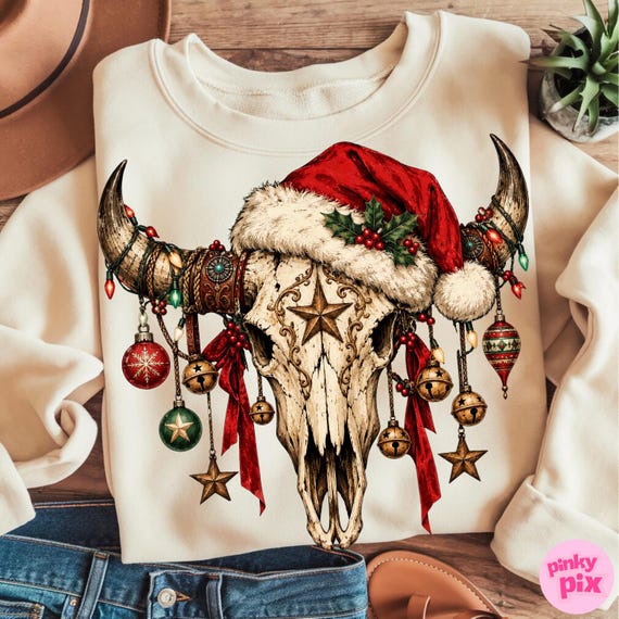Western Christmas Cow Skull PNG: Rustic Santa Hat Cowboy Longhorn Holiday Ornament Design