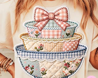 Tazón apilado vintage de segunda mano PNG: Diseño de camisa de patchwork Grandma Core, Coquette CottageCore, descarga digital