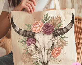 Boho Floral Bull Skull PNG, Western Cowgirl Sublimation Design, Rustic Cow Skull Clipart, Bohemian Skull Art for T-Shirts & Gifts