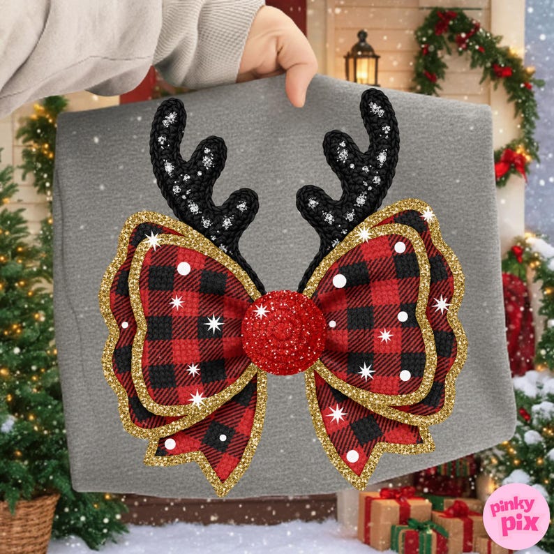 Fuskgarn Buffalo Rutig Rosett PNG: Glitter Antler Jul Sublimeringsdesign bild 11