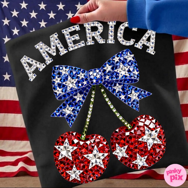 America Cherry Rhinestone PNG: Patriotic Stars Sparkle Bling Crystal Mosaic Jewel DTF Design image 6
