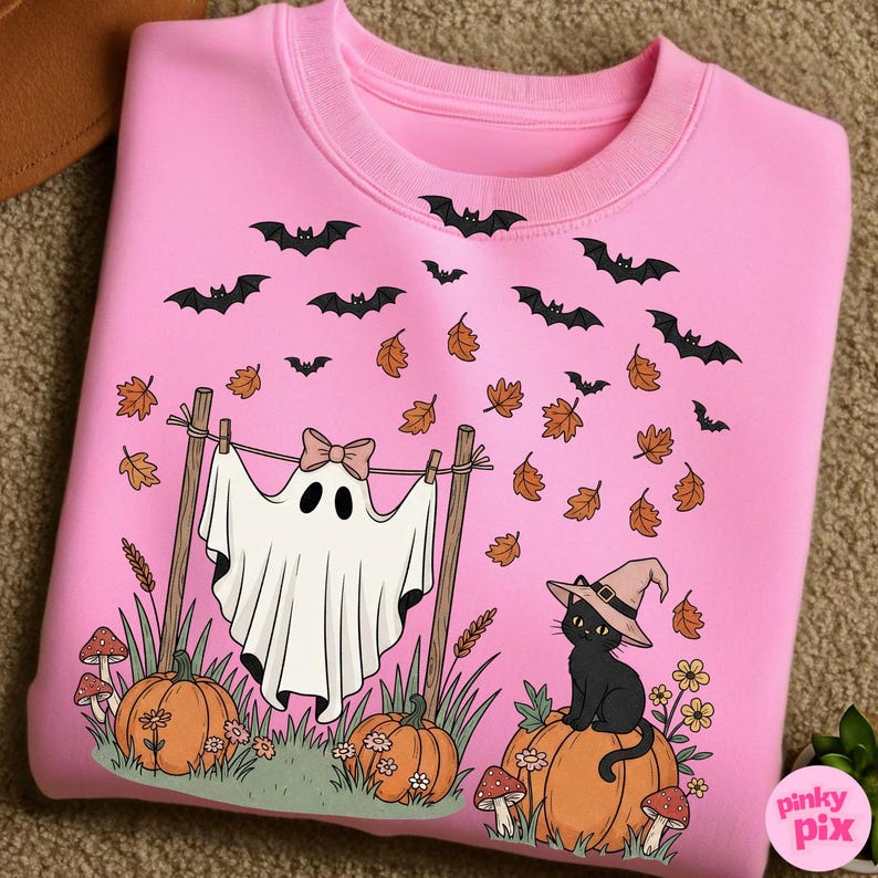 May include: Pink Halloween-themed sweatshirt with a ghost wearing a bow, a black cat in a witch hat, pumpkins, bats, and falling leaves. The design is whimsical and features a cartoon style.