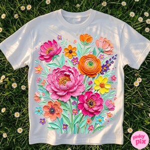 May include: White t-shirt featuring a vibrant floral design. The design includes large pink peonies, orange, yellow, and purple flowers, and green leaves. The flowers have a textured, 3D appearance. The shirt is on a background of green grass.