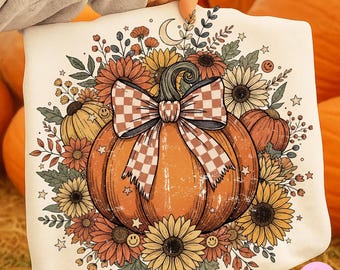 Fall Coquette Boho Floral Pumpkin Bow Png, Retro Preppy Floral Fall Pumpkin Autumn Png, Vintage Halloween Sublimation, Trendy Fall Shirt Png