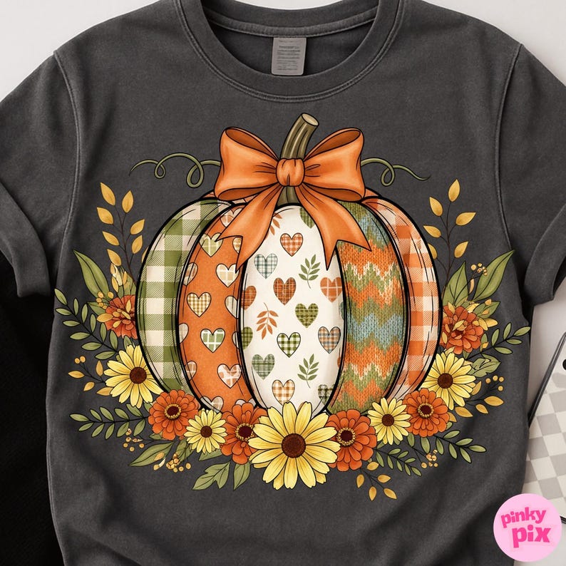 May include: Dark gray t-shirt featuring a colorful pumpkin design. The pumpkin is decorated with plaid, hearts, and knit patterns, topped with an orange bow. Floral accents include sunflowers and fall foliage, creating a seasonal theme.