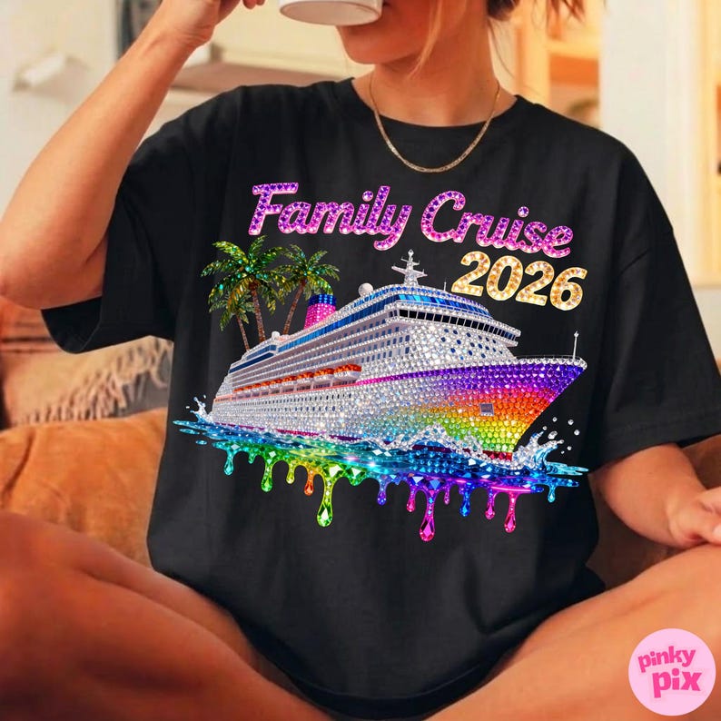Op de afbeelding: Zwart t-shirt met een kleurrijke afbeelding van een cruiseschip, palmbomen en de tekst "Family Cruise 2026". Het schip heeft een regenboogontwerp en sprankelende details. Het ontwerp bevat druipende watereffecten.