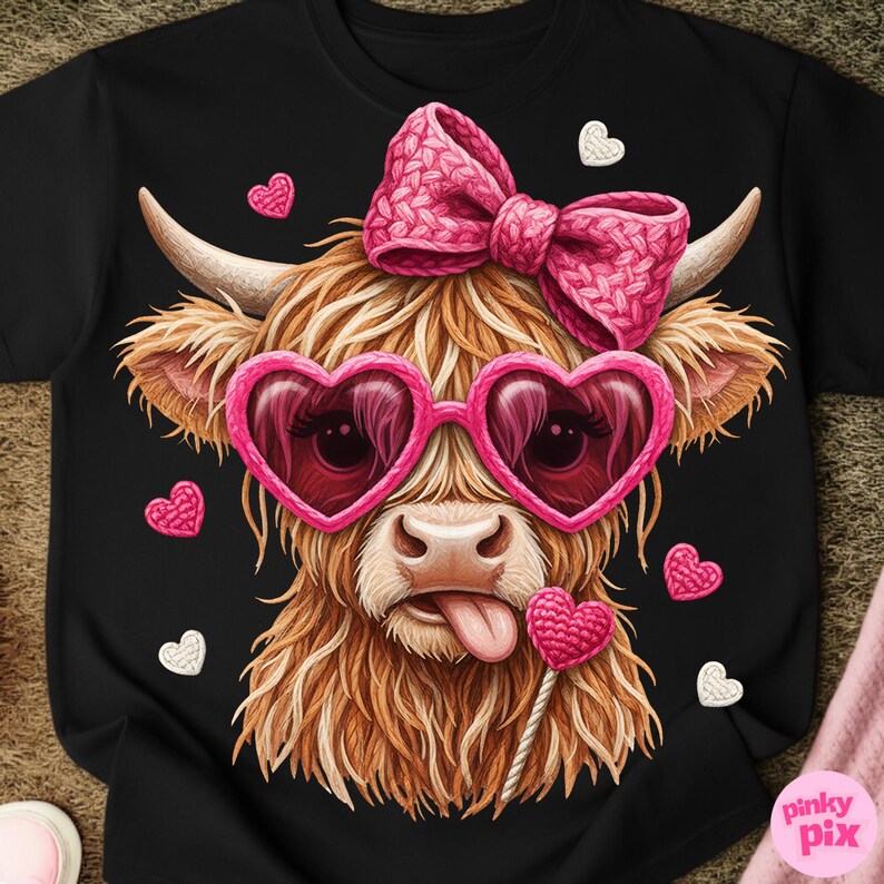 May include: Black t-shirt featuring a whimsical illustration of a Highland cow. The cow wears pink heart-shaped sunglasses and a matching bow. A heart-shaped lollipop and scattered hearts complete the design. The cow has long, shaggy brown fur.