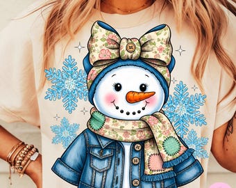 Pupazzo di neve invernale femminile PNG, design a sublimazione in denim con fiocco di neve natalizio patchwork
