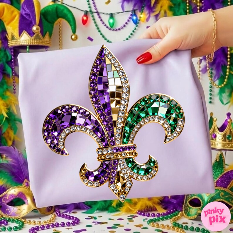 May include: A lavender-colored gift bag featuring a jeweled fleur-de-lis design in purple, green, and gold. The fleur-de-lis is embellished with rhinestones and mosaic-style accents. The bag is held by a hand with red nail polish, suggesting a festive theme.
