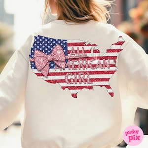 Chica americana PNG, sublimación de mapa de EE. UU. con lazo brillante, diseño de camiseta patriótica del 4 de julio, clipart de Estados Unidos con brillo rosa