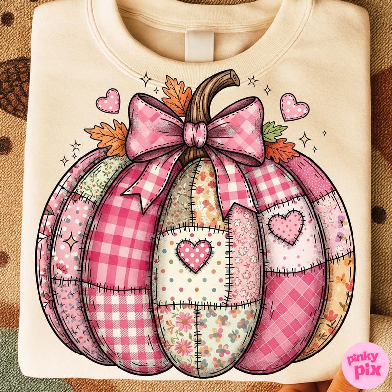 May include: Cream-colored sweatshirt featuring a patchwork pumpkin design. The pumpkin is composed of various pink patterns, including gingham, floral, and polka dots, with a large pink bow and heart accents. The design has a fall theme.