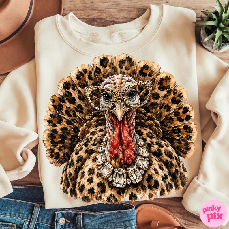 May include: A cream-colored sweatshirt featuring a graphic print of a turkey with leopard print feathers. The turkey wears leopard print glasses and a large, clear crystal-style statement necklace. The design is centered on the front of the garment.