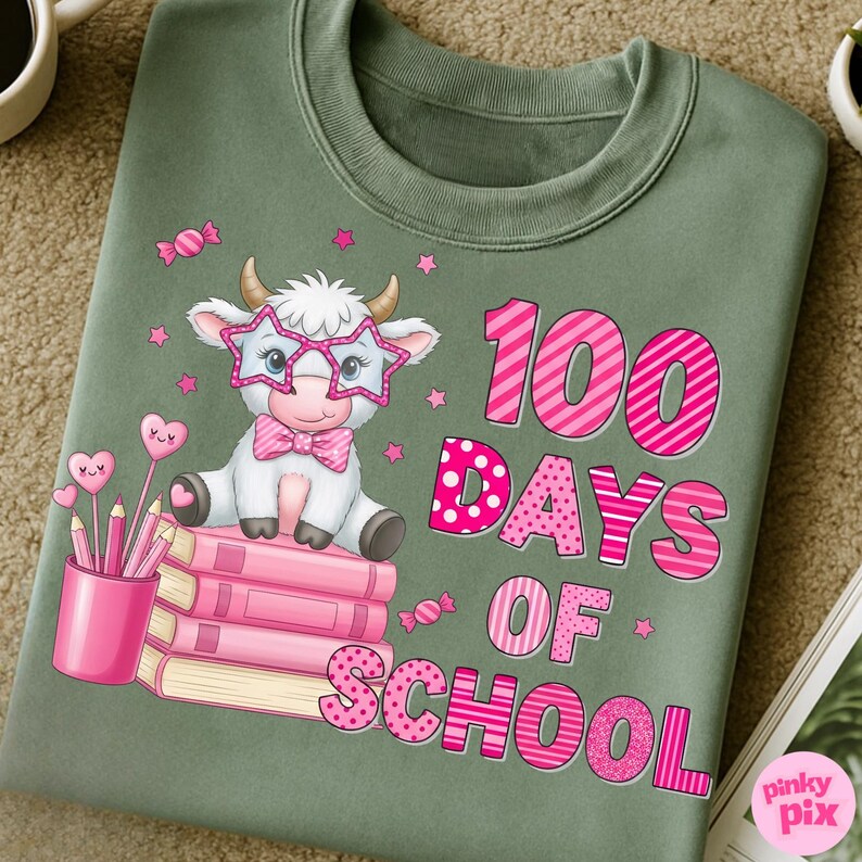 Pu&ograve; includere: Felpa verde salvia con una mucca dei cartoni animati con occhiali a forma di stella e un papillon, seduta su libri rosa. Il testo "100 GIORNI DI SCUOLA" &egrave; in rosa. Matite rosa e lecca-lecca a forma di cuore completano il design.
