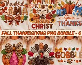 Faux Yarn Fall Bundle PNG: Crochet Thanksgiving Sublimation Design (6 PNG)