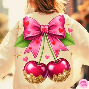 Coquette Cherry Glitter PNG, Pink Bow Cherry Clipart, Girly Cherry Shirt Design, Trendy Valentine Sublimation, Cute Sweetheart PNG
