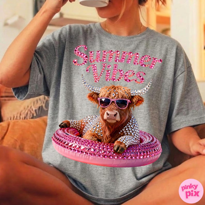 May include: A gray t-shirt with the text "Summer Vibes" in pink rhinestone lettering. The shirt features a graphic of a brown cow wearing sunglasses and a pink inflatable ring, adorned with rhinestones.