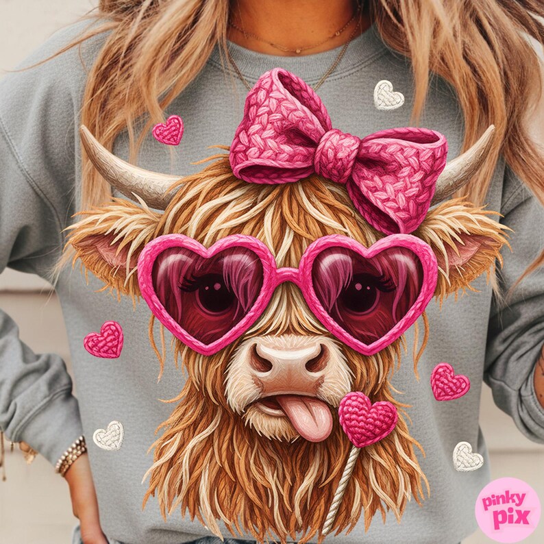 May include: A gray sweatshirt featuring a whimsical illustration of a Highland cow wearing heart-shaped sunglasses and a pink bow. The cow has its tongue sticking out and is holding a heart-shaped lollipop. Pink and white heart accents are scattered around the design.