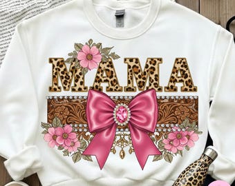 Western Mama PNG, Leopard Pink Bow Sublimation, Cowgirl Mom Shirt Design, Glam Country Mama Digital Download, Mothers Day PNG