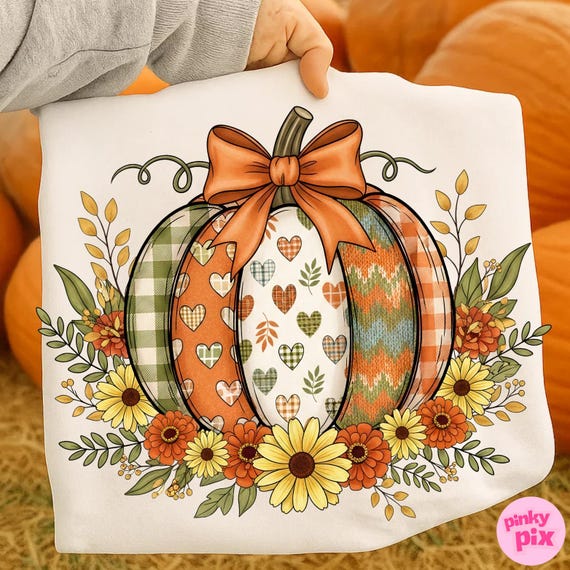 Fall Boho Floral Pumpkin Bow Png, Preppy Floral Pumpkin Png, Vintage Bow Fall Png, Thanksgiving Png, Autumn Sublimation, Fall Shirt Png