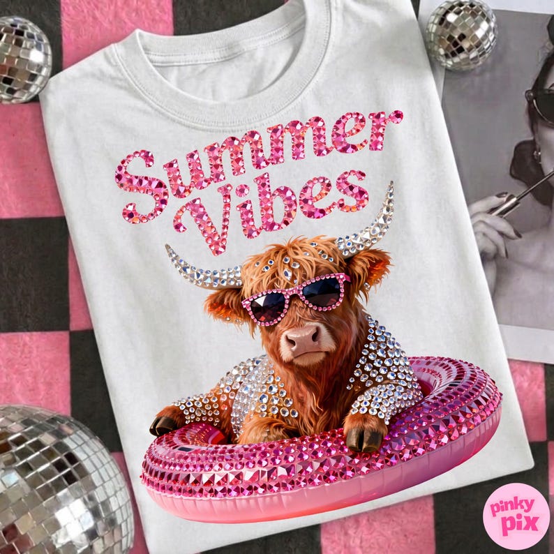 May include: White t-shirt with the text "Summer Vibes" in pink rhinestones. The shirt features a brown Highland cow wearing sunglasses and a bejeweled floatie. The cow is also wearing a bejeweled jacket. The image has a pink and black checkered background.