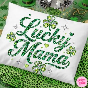 Mamá afortunada PNG: Día de San Patricio, brillo, diamantes de imitación, joya, esmeralda, trébol, cursiva, descarga digital