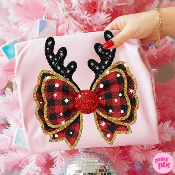Faux Yarn Buffalo Plaid Bow PNG: Glitter Antler Christmas Sublimation Design