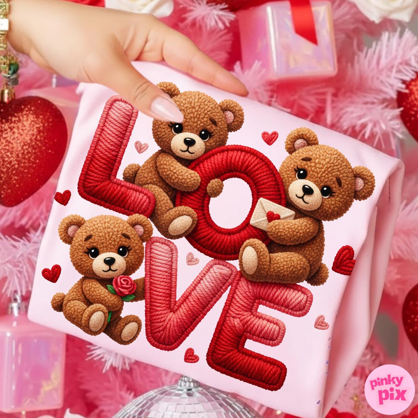 Valentine Love Teddy Bear PNG, Faux Yarn Crochet Vday Sublimation ...