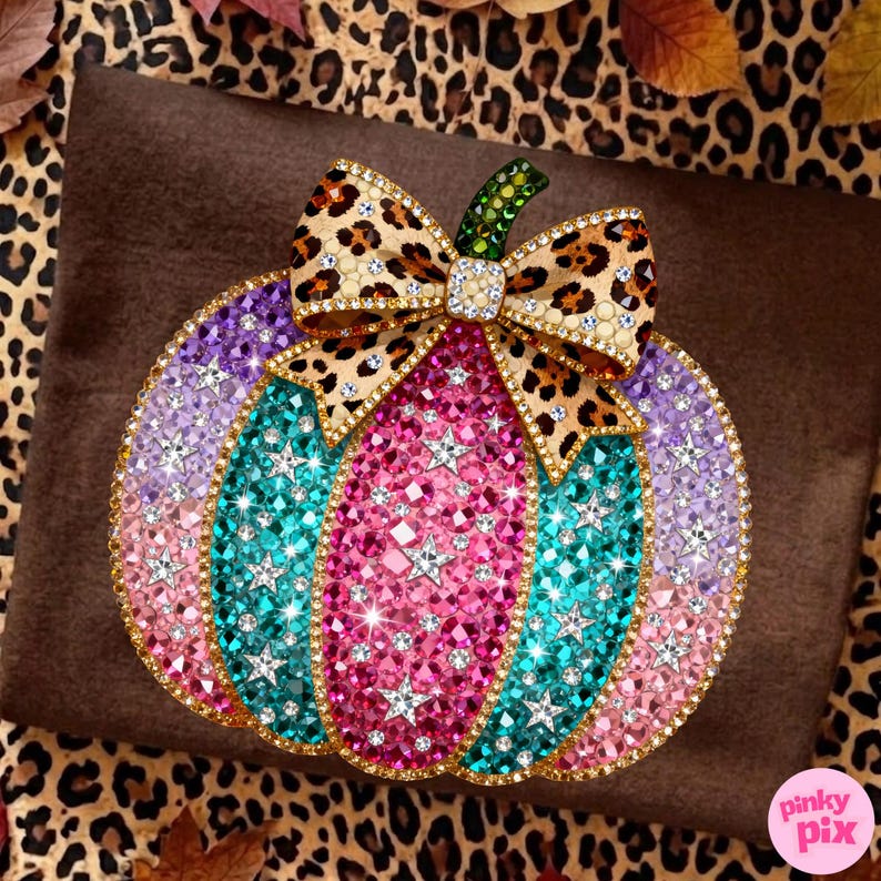 Op de afbeelding: Een pompoenvormig ornament bedekt met veelkleurige strass-steentjes, waaronder roze, turquoise en paarse secties. Het heeft een strik met luipaardprint aan de bovenkant met een groene steel en kleine zilveren steraccenten. De tekst Pinky Pix is zichtbaar.