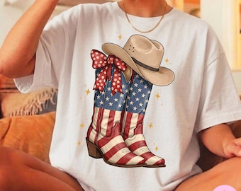 USA Cowgirl Boots PNG, 4th of July Western Hat Clipart, Patriotic Cowgirl Sublimation, Country Girl PNG File, American Flag Boots Design