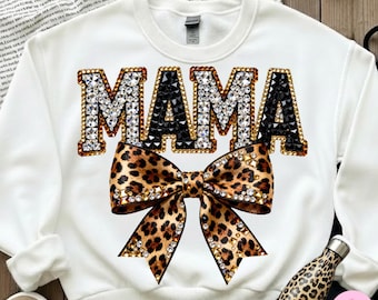 Leopard Bling Mama PNG: Coquette Rosett Strass Kristall Mosaik Juvel Bokstäver Glitter DTF Design