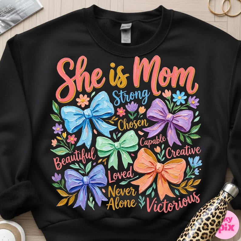 K&ouml;nnte beinhalten: Schwarzes Sweatshirt mit dem Text "She is Mom" in rosa und gelber Schrift. Das Design umfasst bunte Schleifen und florale Akzente mit W&ouml;rtern wie "Strong", "Beautiful" und "Creative".