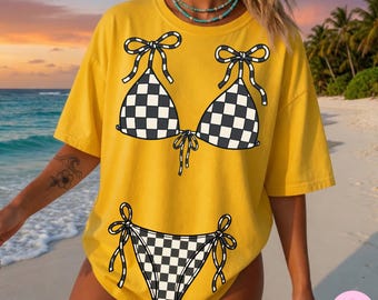 Checkered Bikini PNG: Coquette Bow Retro Summer Beach Trendy Sublimation Design, Digital Download