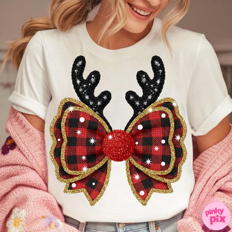 Fuskgarn Buffalo Rutig Rosett PNG: Glitter Antler Jul Sublimeringsdesign bild 5