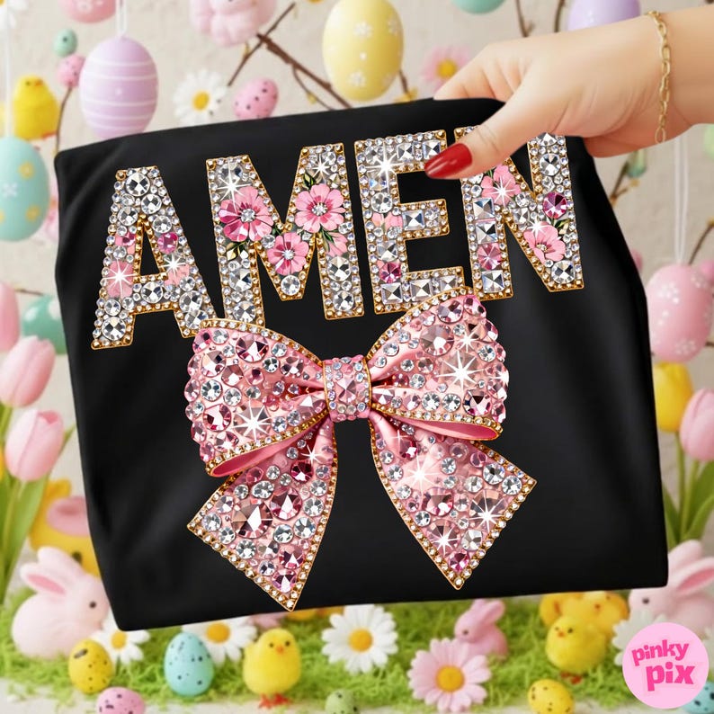 Amen Easter Png: Faux Rhinestone Floral Preppy Christian Faith Sublimation Design, Trending Digital Download image 3