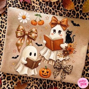 Halloween Ghost Book PNG: Fall Floral Pumpkin Coquette Bow Design