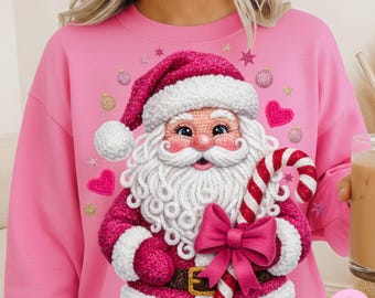 Faux Crochet Pink Santa PNG: Preppy Christmas Candy Cane Bow Sublimation Design
