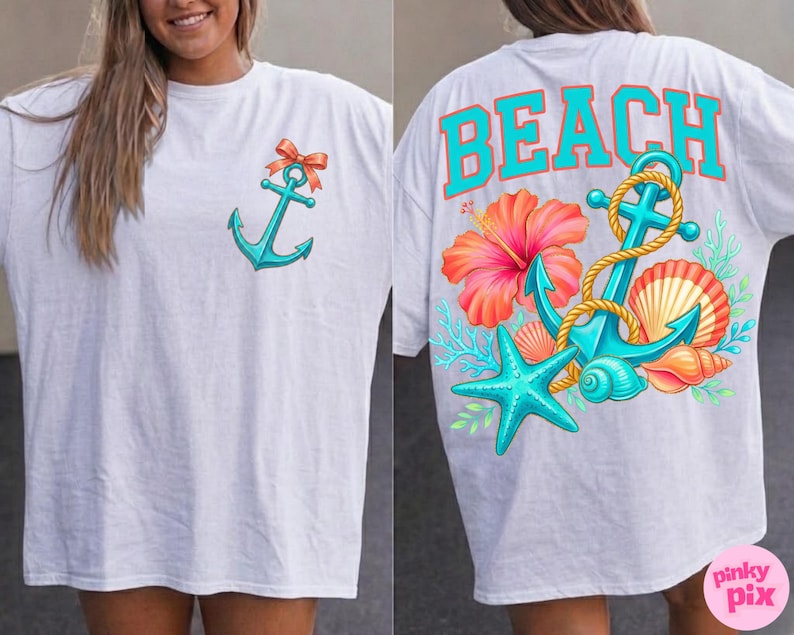 Beach Anchor PNG: Tropical Floral Seashell Starfish Summer Coastal Sublimation DTF Design image 5