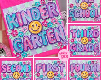 Preppy Back to School PNG Bundle: Checkered Smiley Face Floral Grade Designs, Digital Download