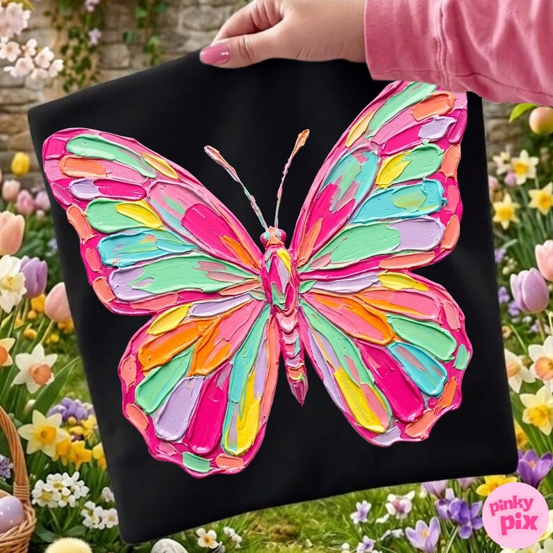 May include: A black tote bag featuring a vibrant, textured butterfly design. The butterfly is rendered in a palette of pink, orange, yellow, and teal, creating a striking contrast against the dark background. The image is set outdoors with flowers.
