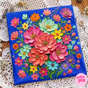 May include: A vibrant floral painting on a blue background. The artwork features a bouquet of textured flowers in shades of pink, orange, yellow, and blue. The flowers are arranged in a dense, eye-catching composition.