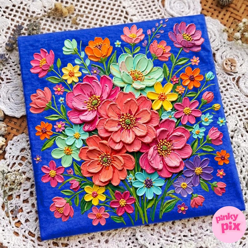 May include: A vibrant floral painting on a blue background. The artwork features a bouquet of textured flowers in shades of pink, orange, yellow, and blue. The flowers are arranged in a dense, eye-catching composition.