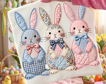Patchwork Easter Bunny PNG: Floral Grandma Core Cottagecore Quilted Coquette Spring Sublimation Design