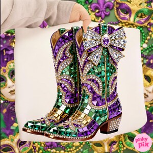 May include: A pair of embellished cowboy boots in green, purple, and gold mosaic design. The boots feature a large crystal bow and are adorned with rhinestones. The heels are also embellished with rhinestones. The boots are held against a white background.