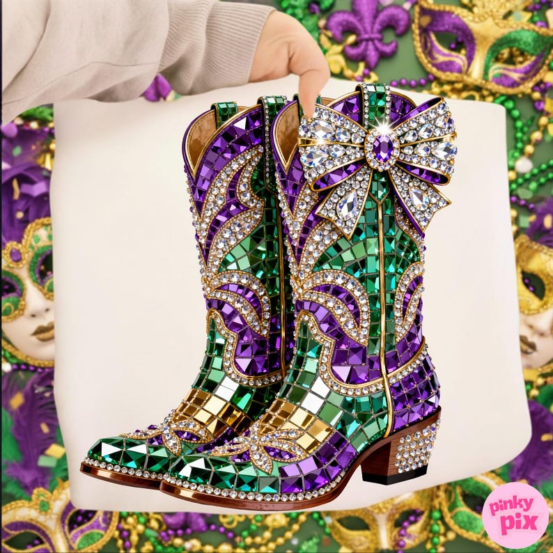 May include: A pair of embellished cowboy boots in green, purple, and gold mosaic design. The boots feature a large crystal bow and are adorned with rhinestones. The heels are also embellished with rhinestones. The boots are held against a white background.