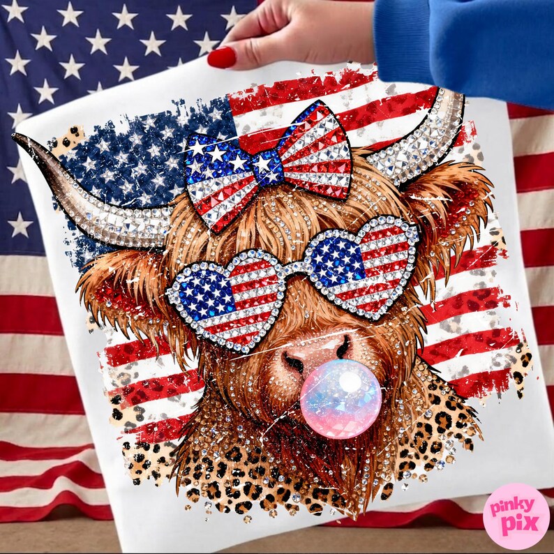 May include: A white square featuring a Highland cow with patriotic embellishments. The cow wears heart-shaped sunglasses and a bow, both adorned with the American flag. It has a bubblegum bubble and a leopard print pattern.