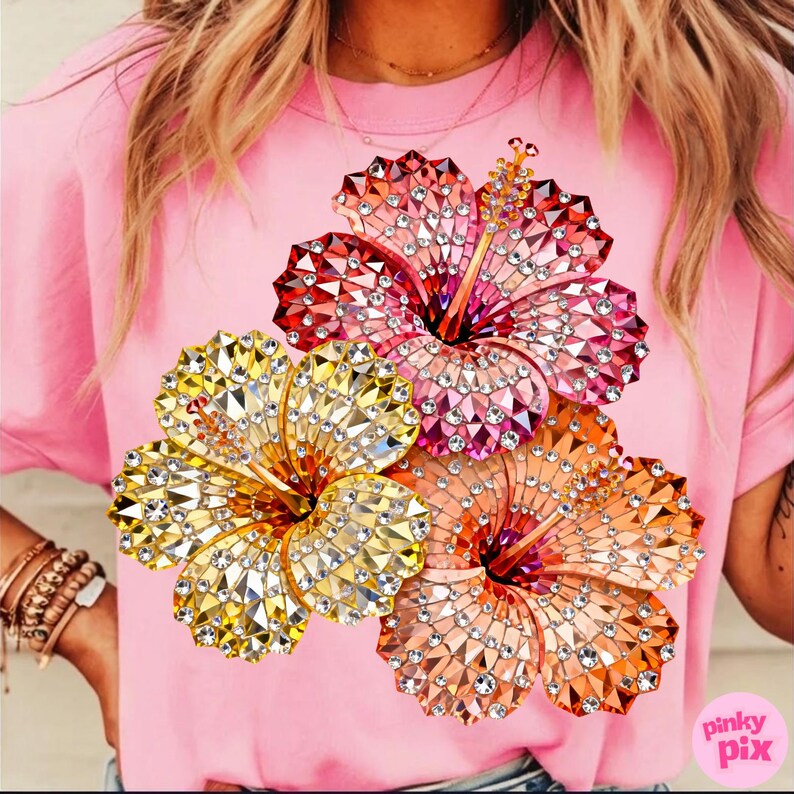 Hibiscus Flower PNG: Tropical Summer Rhinestone Crystal Floral Graphic Sublimation Design, Trending Digital Download image 11